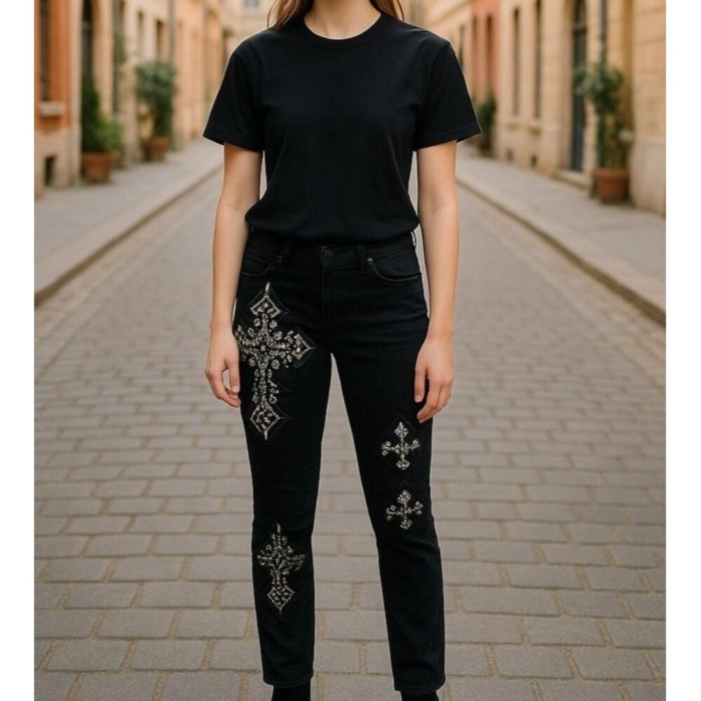 Vintage Bebe Premium Jeans Cross Crystals Distressed Black 28 Moto‎ Hades